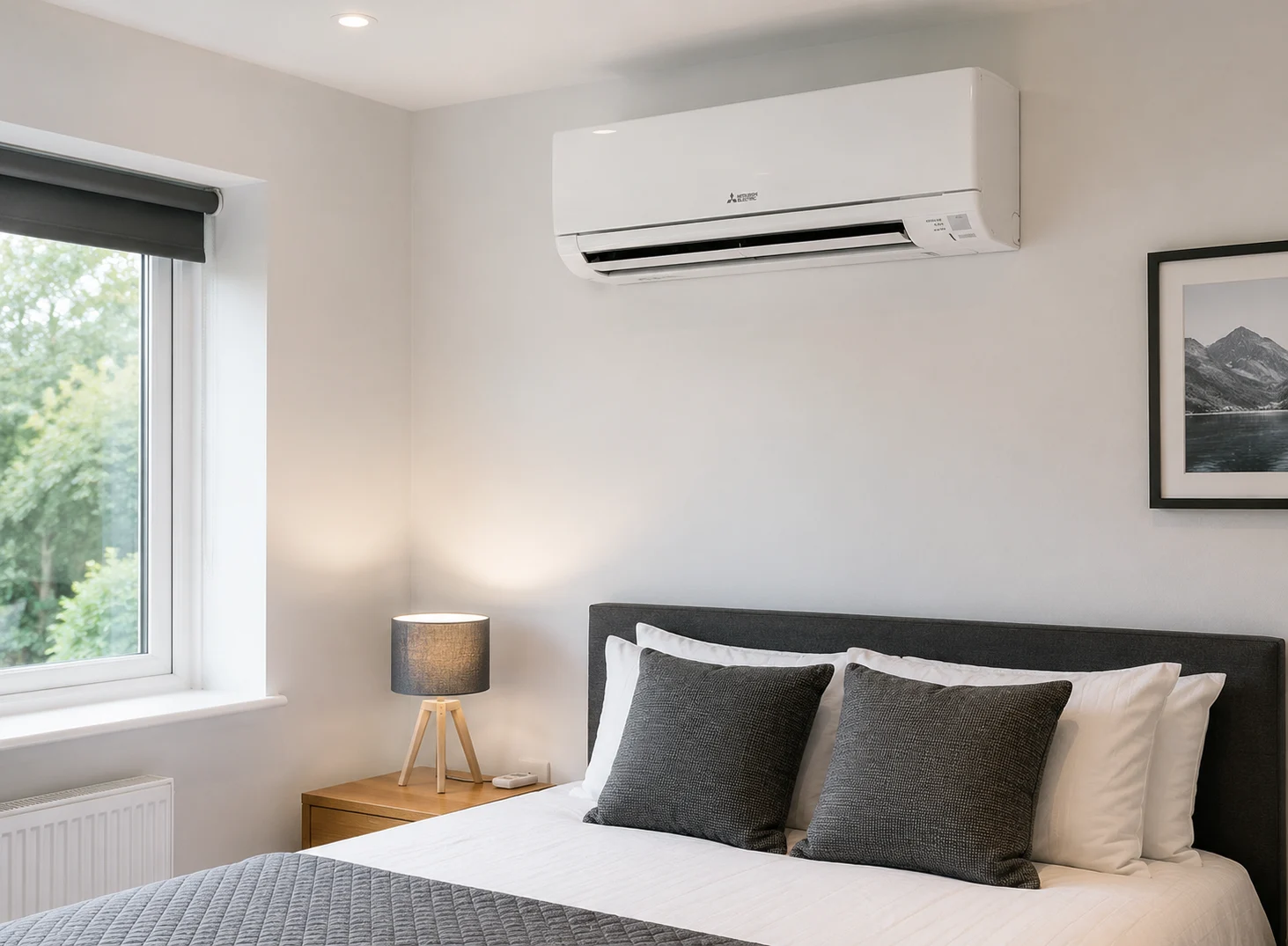 a finished indoor wall-mounted unit in a bedroom