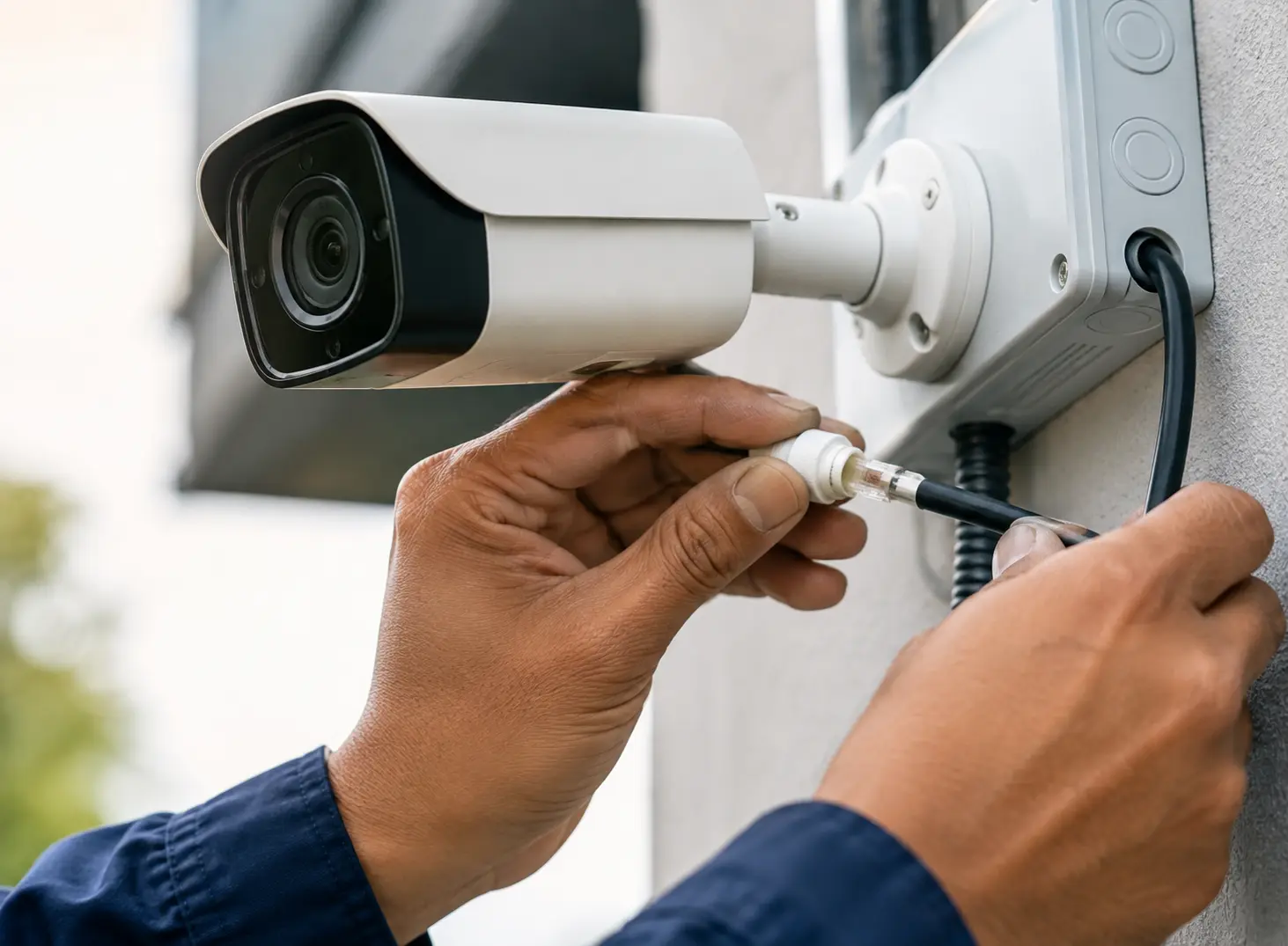an electrician wiring a CCTV camera or running network cable