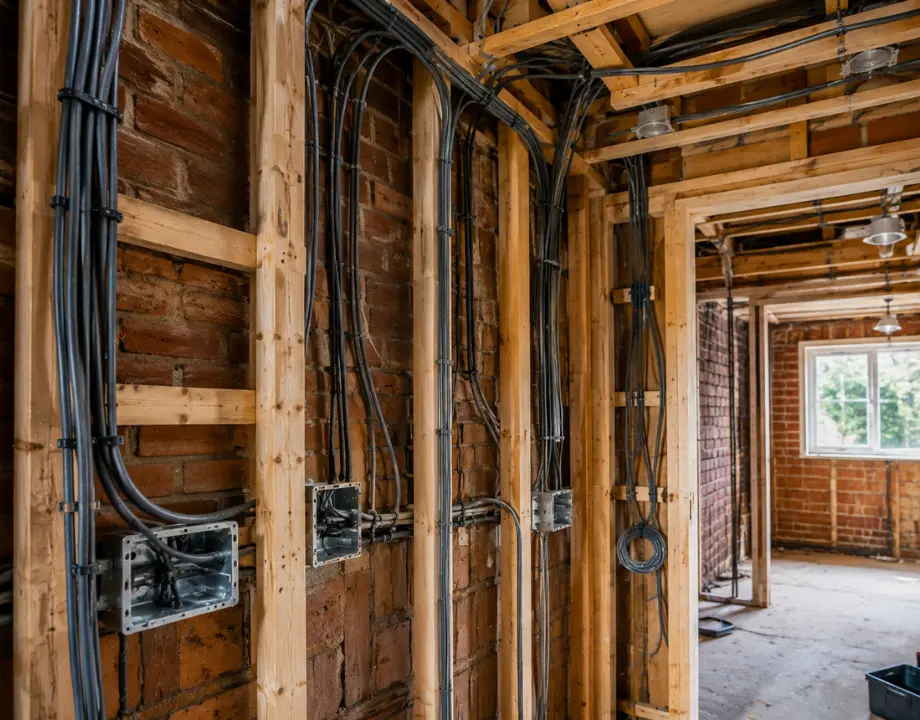first fix stage cable running through exposed wall/ceiling