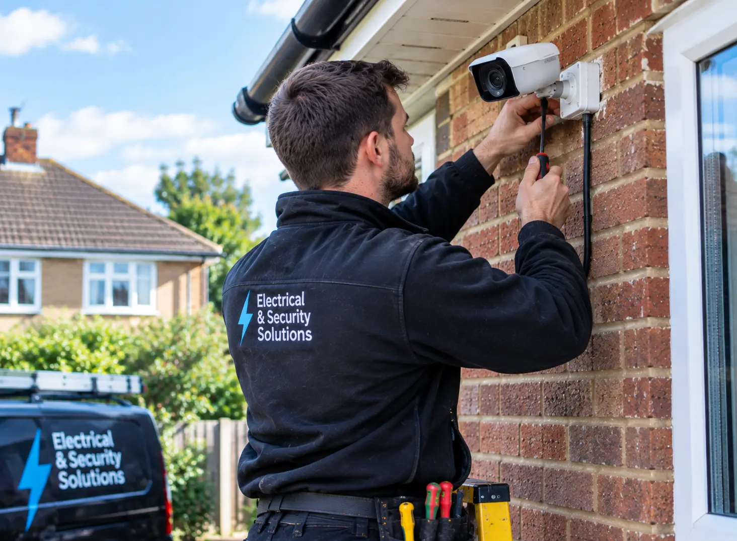 Electrician fixing a CCTV camera to an outside wall
