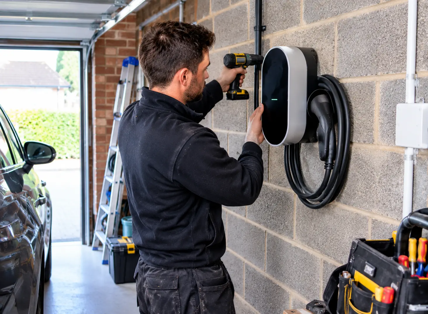 Electrician mounting a home EV charger on a garage wall